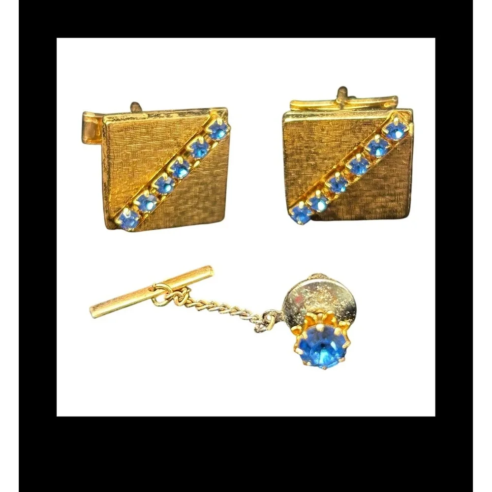 Vintage Gold Tone Textured Square Cufflinks and Tie Tack Set Blue Rhinestones